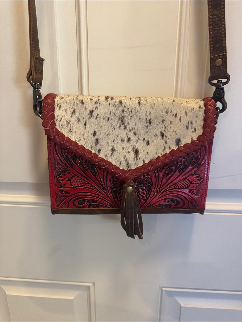 Red Tooled Leather & Cowhide Crossbody Bag with Tassel